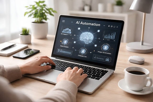 AI automation dashboard on tablet showing smart home routines and machine learning predictions